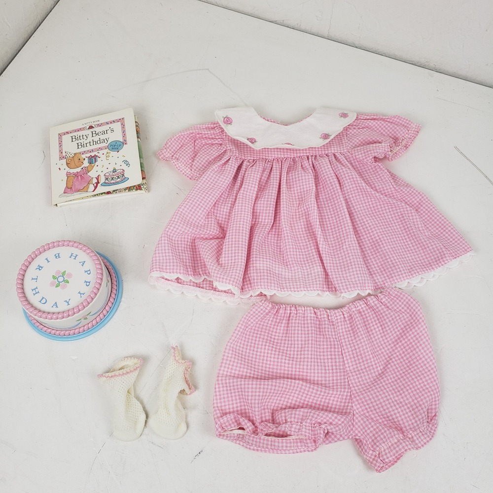 Pleasant Company Bitty Baby Birthday Outfit Gingham Dress Bloomers Book Cake Set